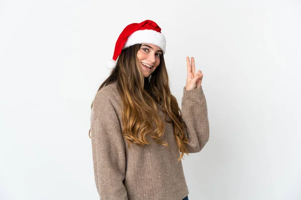 Meisje Met Kerst Hoed Met Een Cadeau Geïsoleerd Witte Achtergrond — Stockfoto