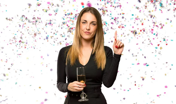 Woman Champagne Celebrating New Year Showing Lifting Finger Sign Best — Stock Photo, Image