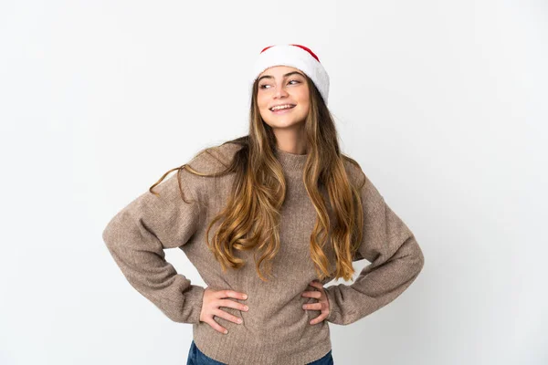 Girl Christmas Hat Holding Present Isolated White Background Counting Five — Stock Photo, Image
