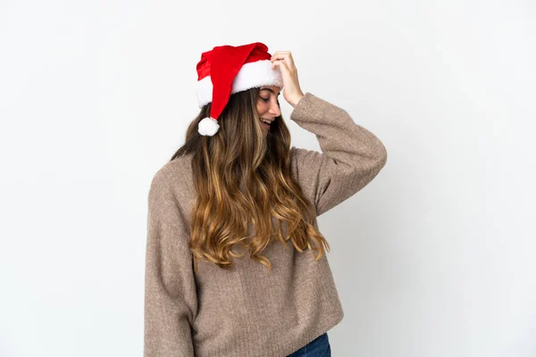 Fille Avec Chapeau Noël Tenant Cadeau Isolé Sur Fond Blanc — Photo