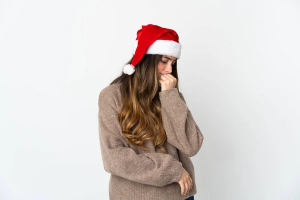 Menina Com Chapéu Natal Segurando Presente Isolado Fundo Branco Contando — Fotografia de Stock