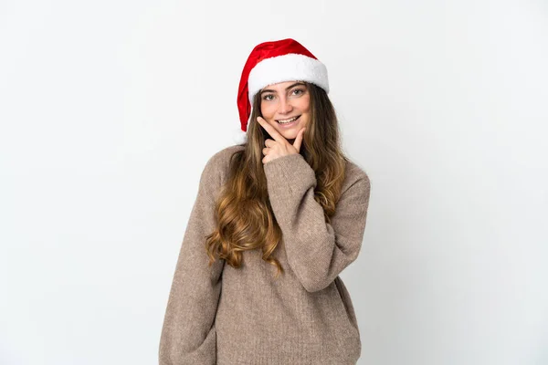 Fille Avec Chapeau Noël Tenant Cadeau Isolé Sur Fond Blanc — Photo