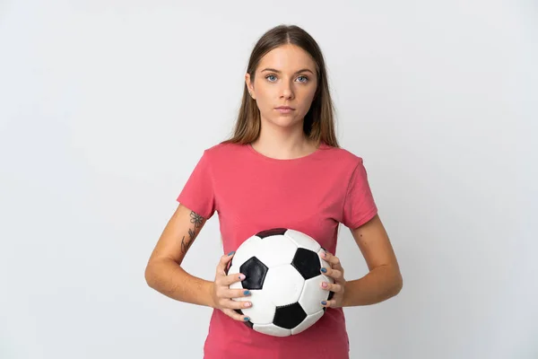 Giovane Donna Lituana Isolata Sfondo Bianco Con Pallone Calcio — Foto Stock