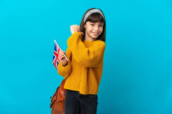 Маленька Дівчинка Вивчає Англійську Ізольовану Синьому Фоні Горду Самозадоволеність — стокове фото