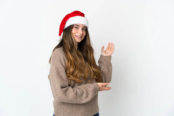 Chica Caucásica Con Sombrero Navidad Aislado Sobre Fondo Blanco Extendiendo —  Fotos de Stock