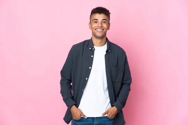 Young Brazilian Man Isolated Pink Background Laughing — Stock Photo, Image