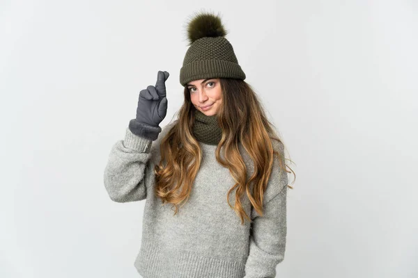 Mulher Caucasiana Jovem Com Chapéu Inverno Isolado Fundo Branco Com — Fotografia de Stock