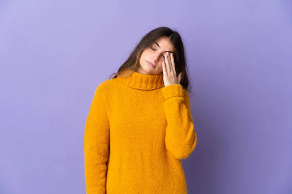Young Caucasian Woman Isolated Purple Background Headache — Stock Photo, Image