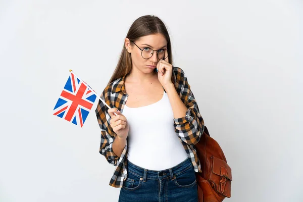 Junge Litauerin Mit Britischer Flagge Auf Weißem Hintergrund Denkt Eine — Stockfoto