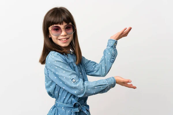 Little Girl Sunglasses Isolated White Background Extending Hands Side Inviting — Stock Photo, Image