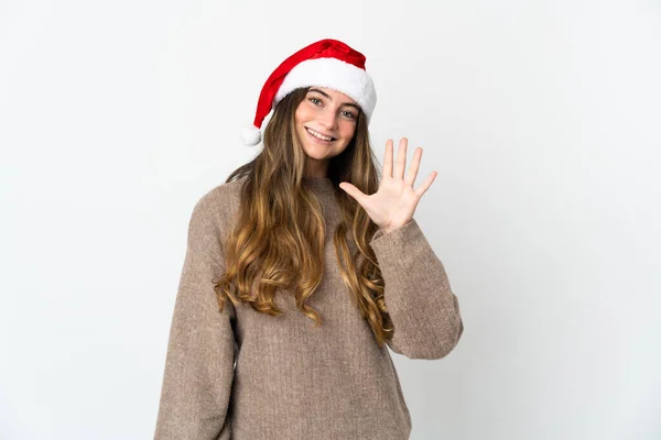 Blank Meisje Met Kerst Hoed Geïsoleerd Witte Achtergrond Tellen Vijf — Stockfoto