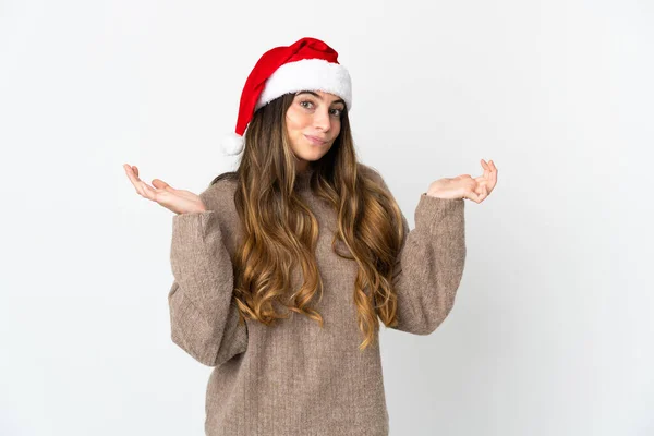 Caucasian Girl Christmas Hat Isolated White Background Having Doubts While — Stock Photo, Image