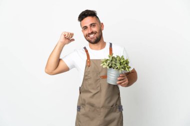 Bahçıvan bir bitkiyi soyutlanmış beyaz arka planda tutuyor gururlu ve kendini beğenmiş.