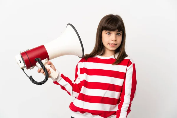 Malá Dívka Izolované Bílém Pozadí Drží Megafon Stresujícím Výrazem — Stock fotografie