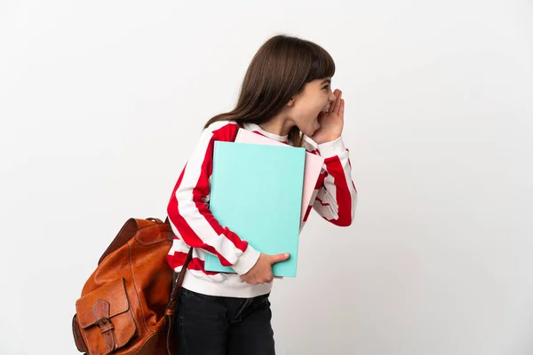 Kleines Studentenmädchen Isoliert Auf Weißem Hintergrund Schreit Mit Weit Geöffnetem — Stockfoto