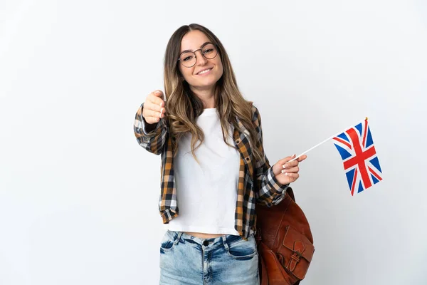 Young Romanian Woman Holding United Kingdom Flag Isolated White Background — Stock Photo, Image