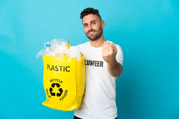 Caucasian Man Holding Bag Full Plastic Bottles Recycle Isolated Blue — Stock Photo, Image