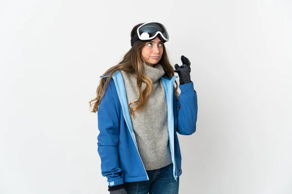 Chica Esquiadora Con Gafas Snowboard Aisladas Sobre Fondo Blanco Con —  Fotos de Stock