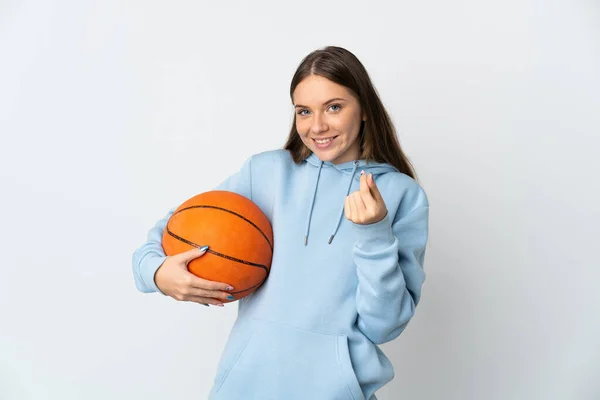 Young Lithuanian Woman Playing Basketball Isolated White Background Making Money — Stock Photo, Image