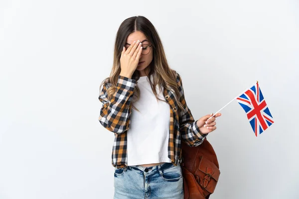 Jovem Romena Segurando Uma Bandeira Reino Unido Isolada Fundo Branco — Fotografia de Stock