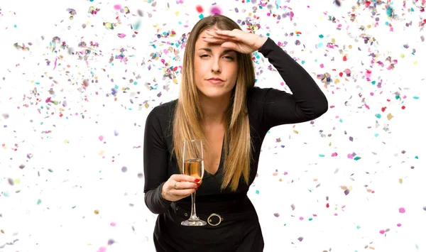 Woman Champagne Celebrating New Year Looking Far Away Hand Look — Stock Photo, Image