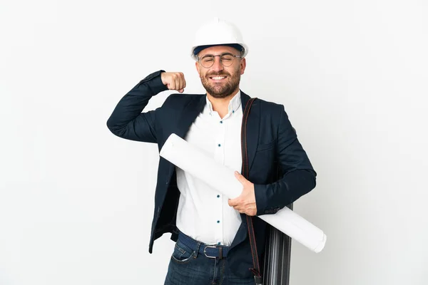 Architetto Uomo Con Casco Tenere Cianografie Isolate Sfondo Bianco Facendo — Foto Stock