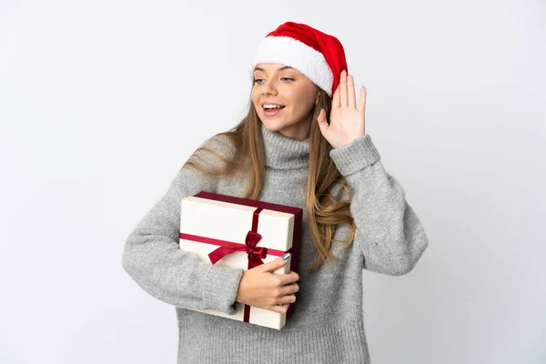 Mulher Lituana Com Chapéu Natal Segurando Presentes Isolados Fundo Branco — Fotografia de Stock