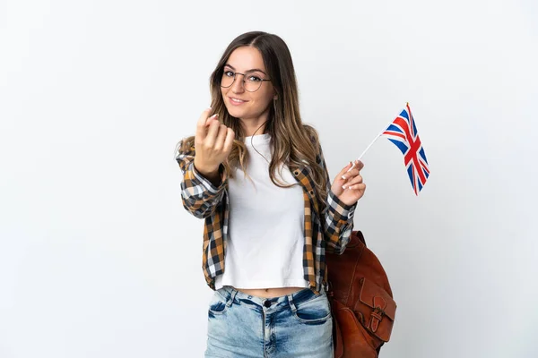 Jovem Romena Segurando Uma Bandeira Reino Unido Isolada Fundo Branco — Fotografia de Stock