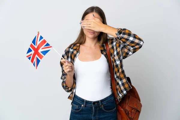 Jovem Lituana Segurando Uma Bandeira Reino Unido Isolada Fundo Branco — Fotografia de Stock