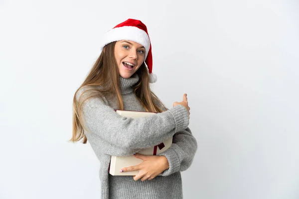 Mulher Lituana Com Chapéu Natal Segurando Presentes Isolados Fundo Branco — Fotografia de Stock