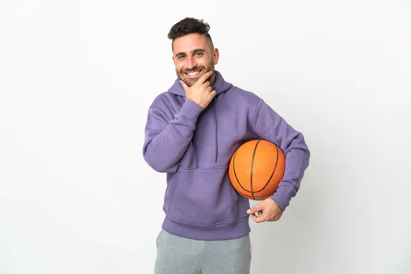 Baloncesto Jugador Hombre Aislado Sobre Fondo Blanco Feliz Sonriente — Foto de Stock