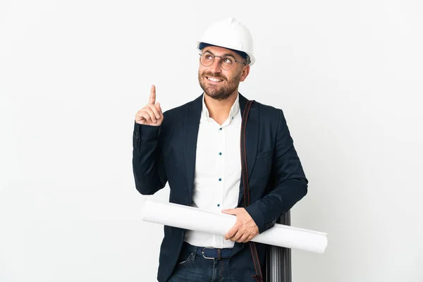 Arquitecto Hombre Con Casco Sosteniendo Planos Aislados Sobre Fondo Blanco — Foto de Stock