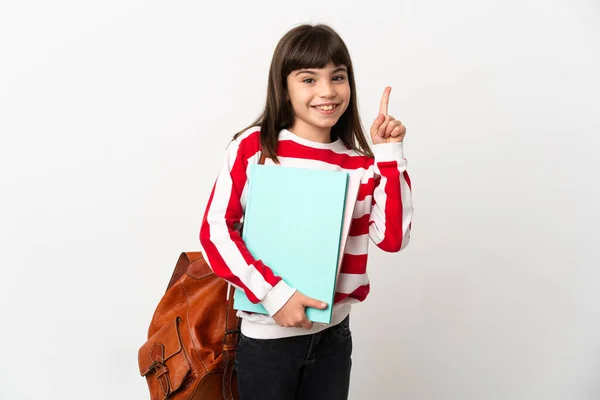 Niña Estudiante Aislada Sobre Fondo Blanco Mostrando Levantando Dedo Señal — Foto de Stock