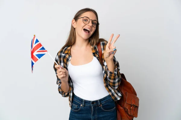 Mladá Litevka Drží Vlajku Spojeného Království Izolované Bílém Pozadí Úsměvem — Stock fotografie