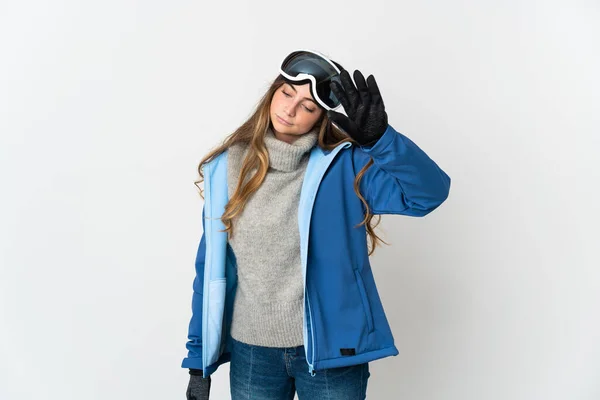 Chica Esquiadora Con Gafas Snowboard Aisladas Sobre Fondo Blanco Haciendo —  Fotos de Stock