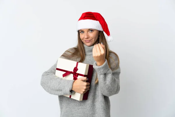 Mulher Lituana Com Chapéu Natal Segurando Presentes Isolados Fundo Branco — Fotografia de Stock