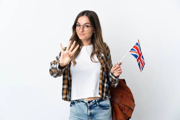 Jovem Romena Segurando Uma Bandeira Reino Unido Isolada Fundo Branco — Fotografia de Stock