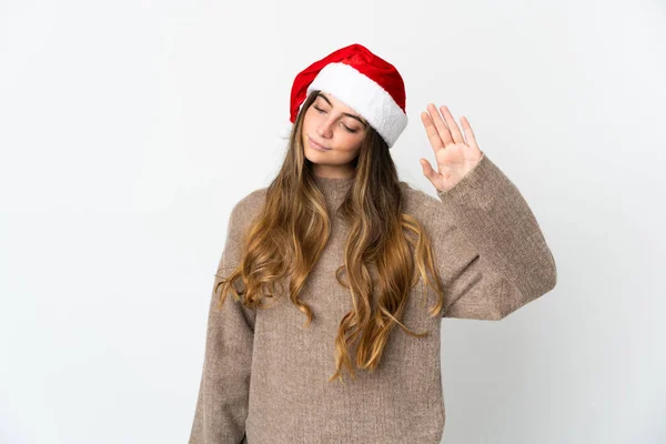 Menina Caucasiana Com Chapéu Natal Isolado Fundo Branco Fazendo Parar — Fotografia de Stock