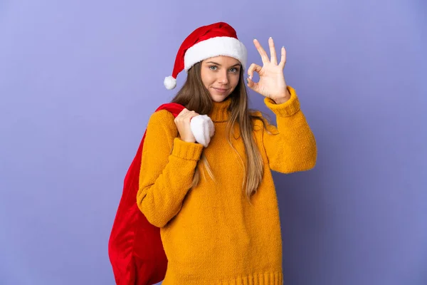 Lithianian Woman Christmas Hat Isolated Purple Background Showing Sign Fingers — 图库照片