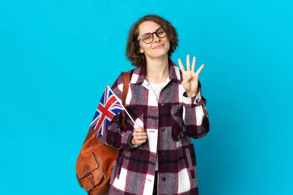 Junge Engländerin Mit Einer Britischen Flagge Auf Blauem Hintergrund Glücklich — Stockfoto