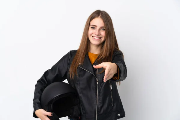 Donna Con Casco Moto Stretta Mano Dopo Buon Affare — Foto Stock