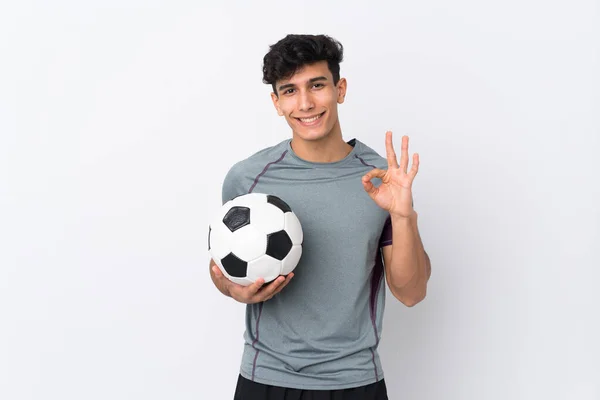 Jogador Futebol Argentino Homem Sobre Fundo Branco Isolado Mostrando Sinal — Fotografia de Stock