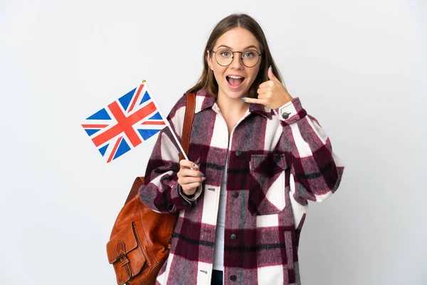 Mladá Litevka Držící Vlajku Spojeného Království Izolovaná Bílém Pozadí Mávající — Stock fotografie