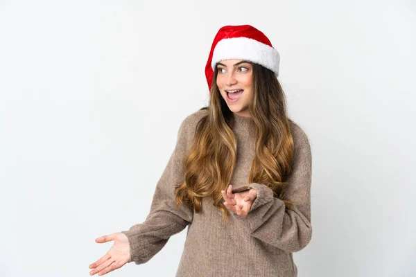 Menina Caucasiana Com Chapéu Natal Isolado Fundo Branco Com Expressão — Fotografia de Stock