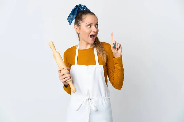 Jonge Litouwse Vrouw Met Een Rollende Pin Geïsoleerd Witte Achtergrond — Stockfoto