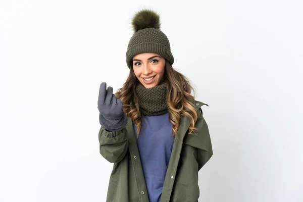 Menina Com Chapéu Inverno Isolado Fundo Branco Fazendo Gesto Dinheiro — Fotografia de Stock