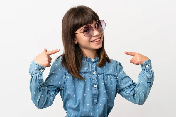 Little Girl Sunglasses Isolated White Background Giving Thumbs Gesture — Stock Photo, Image