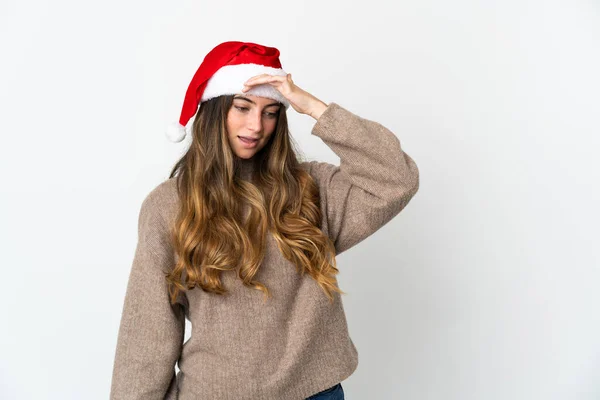 Menina Caucasiana Com Chapéu Natal Isolado Fundo Branco Fazendo Gesto — Fotografia de Stock