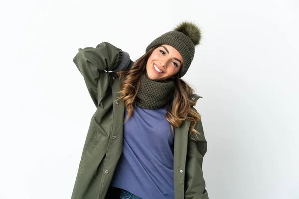 Giovane Ragazza Con Cappello Invernale Isolato Sfondo Bianco Ridere — Foto Stock