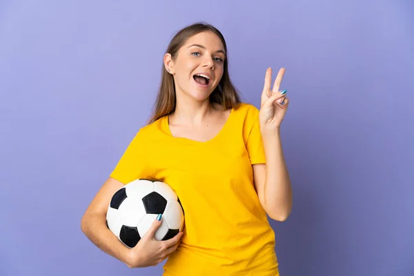 Young Lithuanian Football Player Woman Isolated Purple Background Smiling Showing — Stock Photo, Image